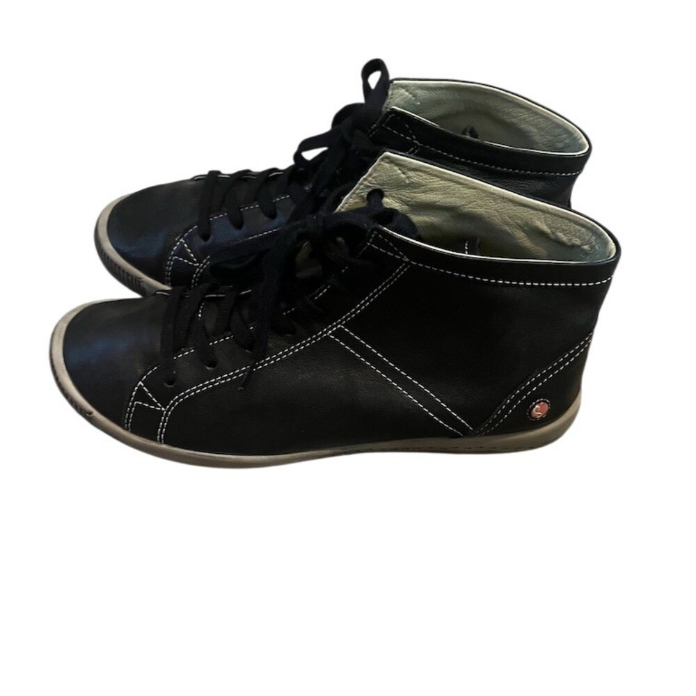 Softinos Womens Black High Top Sneaker Boot Ankle Lace Up Contrast Stitch‎